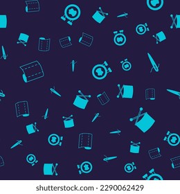 Set Textile fabric roll, Needle for sewing with thread, Leather and Knitting needles on seamless pattern. Vector
