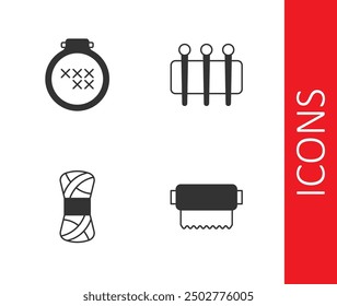 Set Textile fabric roll, Round adjustable embroidery hoop, Yarn and Needle for sewing icon. Vector