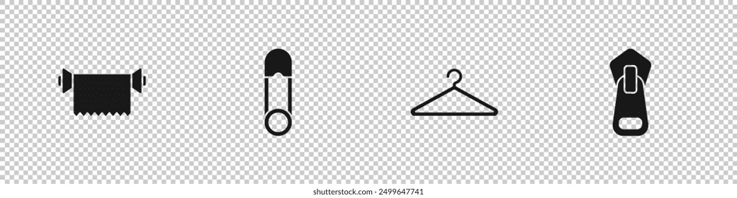 Set Textile fabric roll, Safety pin, Hanger wardrobe and Zipper icon. Vector