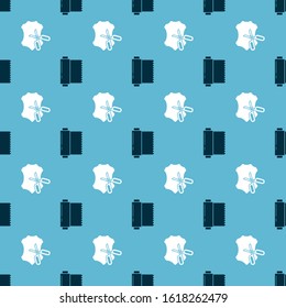 Set Textile fabric roll and Scissors and leather on seamless pattern. Vector
