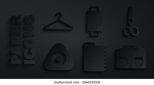Set Textile fabric roll, Scissors, Sewing chalk, Shirt, thread on spool and Hanger wardrobe icon. Vector