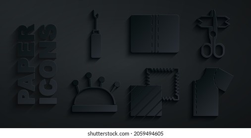 Set Textile fabric roll, Scissors, Needle bed and needles, Sewing pattern,  and Awl tool icon. Vector