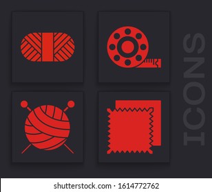 Set Textile fabric roll, Sewing thread on spool, Tape measure and Yarn ball with knitting needles icon. Vector