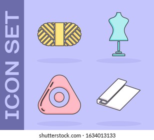 Set Textile fabric roll, Sewing thread on spool, Sewing chalk and Mannequin icon. Vector