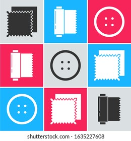 Set Textile fabric roll, Textile fabric roll and Sewing button for clothes icon. Vector