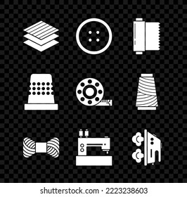 Set Textile fabric roll, Sewing button for clothes, thread spool, machine, Electric iron, Thimble sewing and Tape measure icon. Vector