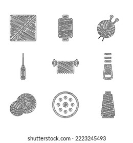 Set Textile fabric roll, Sewing button, thread, Zipper, Yarn ball, Awl tool, with knitting needles and Pattern icon. Vector