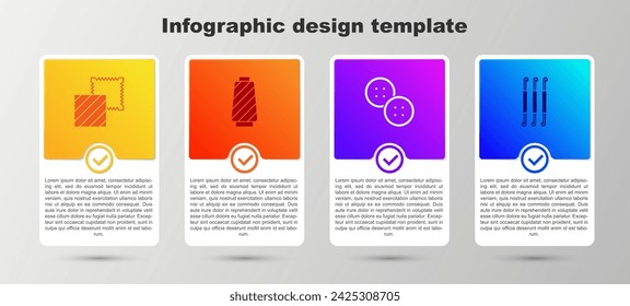 Set Textile fabric roll, Sewing thread on spool, button and Crochet hook. Business infographic template. Vector