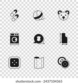 Set Textile fabric roll, Sewing pattern, button for clothes, Leather, Teddy bear plush toy, Closed steel safety pin, Yarn ball and Washer icon. Vector