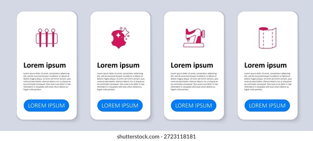 Set Rollo de tela textil, máquina de coser, cuero y aguja para coser. Plantilla de infografía de negocios. Vector