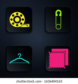 Set Textile fabric roll, Tape measure, Hanger wardrobe and Classic closed steel safety pin. Black square button. Vector