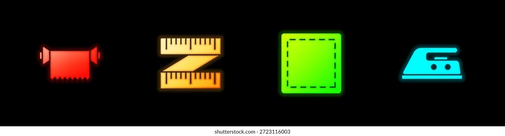 Conjunto de rollo de tela textil, cinta métrica, patrón de costura e icono de hierro eléctrico. Vector