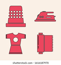 Set Textile fabric roll, Thimble for sewing, Electric iron and Woman dress icon. Vector