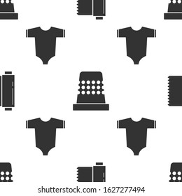 Set Textile fabric roll, Thimble for sewing and Baby clothes on seamless pattern. Vector