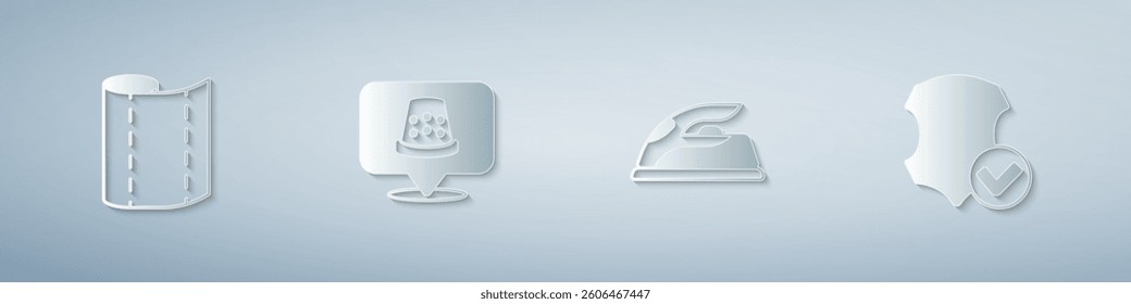 Set Textile fabric roll, Thimble for sewing, Electric iron and Leather. Paper art style. Vector
