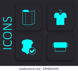 Set Textile fabric roll, T-shirt on hanger and Leather icon. Black square button. Vector