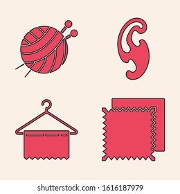 Set Textile fabric roll, Yarn ball with knitting needles, French curves and Hanger wardrobe icon. Vector