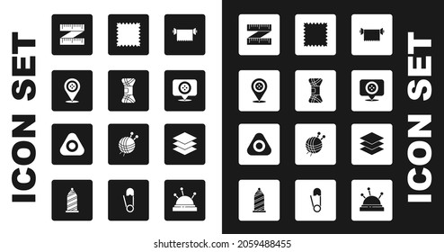 Ponga el rollo de tela textil, Yarn, Tienda de sastre de localización, Medición de cinta, Cuero, Ropa de capas textil e icono de tiza de coser. Vector