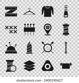 Set Textile fabric roll, Yarn, Sewing thread, Sweater, Needle for sewing, Adjustable embroidery hoop, Tape measure and Location tailor shop icon. Vector