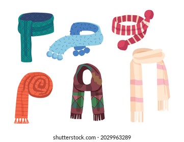 Set of Textile and Knitted Scarves of Different Design and Colors. Colorful Kerchiefs Isolated on White Background. Shawls, Accessories for Cold Weather, Fashioned Clothes. Cartoon Vector Illustration