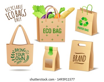 Set of textile, linen and paper shopping eco bags set and packaging, no plastic package, pollution problem, care about environment, vector illustration