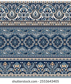 set of textile paisley border pattern on navy background