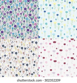 Set textile patterns of flowers. It includes various stylized flowers, tulips, daisies, buttercups. All are made in cold pastel colors. Blue-gray scale. Background options.