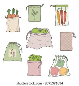 Set of textile reusable produce bags with fruits and vegetables. Eco-friendly shopping, Zero waste concept. Plastic pollution reduction tips