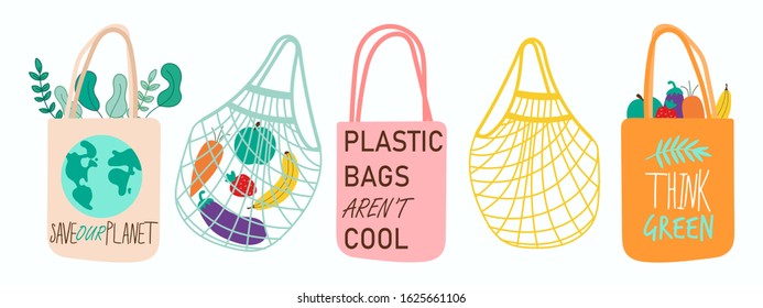 Set of textile reusable shopping bags, environmentally friendly eco shoppers with lettering handwritten with modern funky font, colorful hand drawn vector illustration