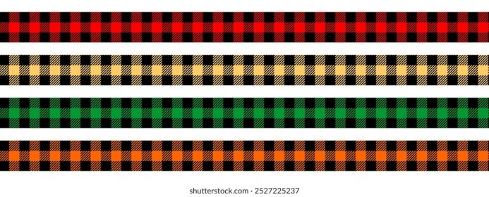 Set of textile tapes with buffalo plaid textures. Ribbons with Christmas or Halloween checkered lumberjack pattern. Geometric fabric straps with gingham or vichy print. Vector flat illustration.