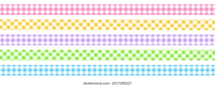 Set of textile tapes with checkered pattern. Cute colorful ribbons with gingham or vichy print isolated on white background. Pieces of fabric with a plaid print. Vector flat illustration.