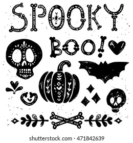 Set of texts and decorations for Halloween. Vintage decorative elements. Grunge Typographic Design.