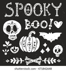 Set of texts and decorations for Halloween. Vintage decorative elements. Grunge Typographic Design.
