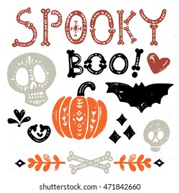 Set of texts and decorations for Halloween. Vintage decorative elements. Grunge Typographic Design.