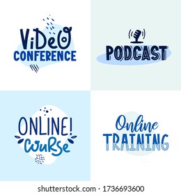 Conjunto de textos para anuncios de educación en internet a distancia. Grabado a mano modificable vectorial aislado en blanco.