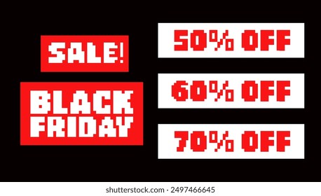 Set of texts for shops with sale in pixel, Black Friday, Sammer Sale, 50%,60%,70%. Shop or store in pixel art. Vintage sale sign. Collection of pixel art inscriptions. Retro 8-bit computer game style.