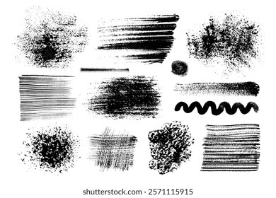 Set of texture brushes, spots, strokes of black acrylic, watercolor paint of various shapes with uneven torn discontinuous edges. Vector illustration of semi-dry wide brush, granular spots, lines.