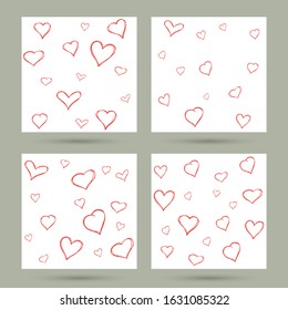 Set of texture with cute hand drawn red hearts. Valentines day greeting card or wedding invitation background party design. Vector illustration.