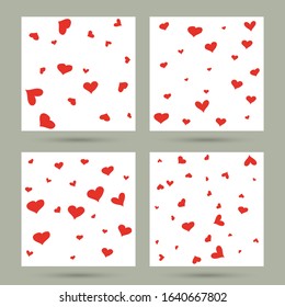 Set of texture with cute hand drawn red hearts. Valentines day greeting card or wedding invitation background party design. Vector illustration.