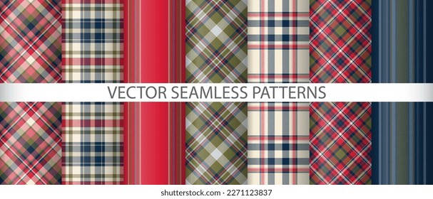 Set texture fabric background. Check plaid tartan. Pattern seamless textile vector collection.