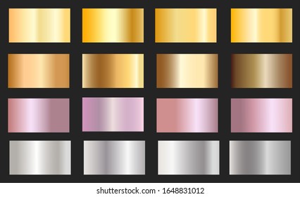Set of texture gradation background in Gold rose, bronze, silver and gold foil . Vector golden elegant, shiny and metallic gradient collection for chrome border, frame, ribbon, label design. 