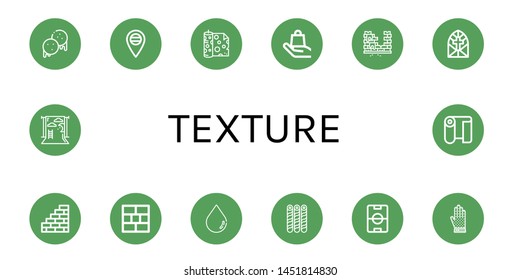 Set of texture icons such as Arepas, Russia, Fabric, Handle with care, Brick, Stained glass window, Wall, Brick wall, Blur, Wafer, Football field, Chainmail, Backdrop , texture