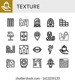 Set of texture icons. Such as Handle with care, Wafer, Treasure map, Native american, Stained glass window, Brick wall, Melt, Football field, Russia, American football , texture icons