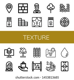 Set of texture icons such as Russia, Wafer, Brick wall, Native american, Walk of fame, Textile, Brick, Layers, Melt, Handle with care, Treasure map, Stones, Blur, Football field , texture