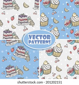 Set  texture with the image of cupcakes and blackberry pie