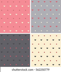 Set texture with a pattern in the hearts and circles of pink, gray, yellow and dark purple colors.