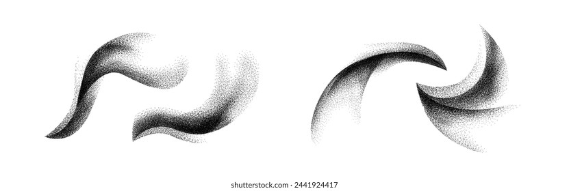 Set texture shape grain gradient with black dots, abstract isolated noisy dotwork splash effect. Vector illustration