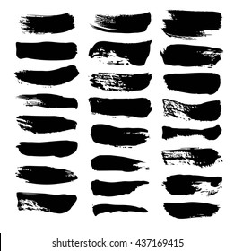 Set texture strokes thick black gouache paint isolated on a white background