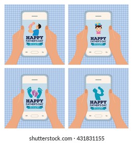 Set of textured backgrounds with pairs of hands holding cellphones with different icons