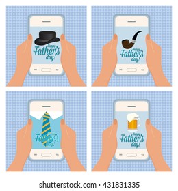 Set of textured backgrounds with pairs of hands holding cellphones with different icons